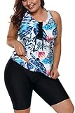 FANGJIN Plus Size Print Design Ganzkörper-Badebekleidung Badeanzug mit großer Brustunterstützung Zweiteilige Outfits Urlaubskleidung bedeckt alle sexy Bikini für Frauen Baggy Summer Tops Weiß L