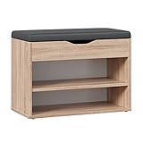 RICOO WM032-ES-A Schuhregal 60x42x30 cm Klein Holz Eiche-Sonoma Sitzbank mit Stauraum Sitztruhe Schuhschrank Sitzkissen Schuhbank Aufklappb