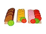 Bambilino Goki Brotscheiben, Wurstscheiben und Käseaufschnitt, mit Salat- und Gemüsebeilage, Set Brot, Wurst, Käse für Kaufmannsladen & Spielkü