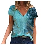 Damen Loose Oberteile Freizeit Kurzarm T-Shirt Bedruckte Tunika V-Ausschnitt Basic Tee Sommer Kurzarmhemd Frauen Blusen Kurze Ärmel Sommertop T-Shirts Oversize H