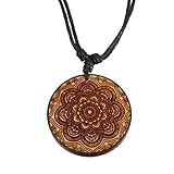 CHICNET Damen Herren Halskette Kette Holzkette Halsschmuck mit 40mm Holz Anhänger in rund aus Holz hell dunkel und Baumwolle, Gravur Blume indisch Mandala, verstellb