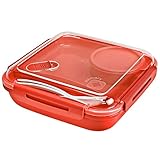 Rotho Memory B3 Lunchbox 1,1l mit Besteck und separatem Behälter, Kunststoff (PP) BPA-frei, rot, 1,1l (19,5 x 19,5 x 6,5 cm)