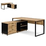 B&D home Schreibtisch mit Sideboard, Eckschreibtisch mit Regal, Winkelkombination in Wildeiche Optik - Schwarz, Bürotisch mit Schubladen, Industrial Design, Homeoffice 160 x 76 x 155
