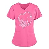 GJKK Krankenhaus Schlupfhemd Bluse Kurzarm V-Neck T-Shirts Mischgewebe Kasack Damen Pflege mit Motiv Bunt Arzt Uniform Berufsbekleidung Krankenschwester Kleidung