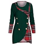 KPILP Damen Lange Bluse Pullover Elegant Kleid Winter Plaid Asymmetrisch T Shirt Kleider Patchwork Partykleider Bluse Oberteile Tunika Mode M