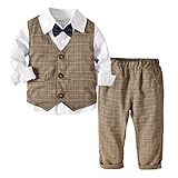 Happy Cherry Baby Jungen Taufanzug Hochzeitanzug Bekleidungset Festliche Gentleman Baumwolle Jumpsuit Langarm Hemd Fliege Weste Hose-Kaffee + Weiß-80