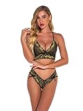 JaniHan Damen V- Ausschnitt rahmenlose BH-Spitze-Blumen- Hohle sexy Enge 2- teilige sexy Wäsche (Color : Gold, Size : XL)