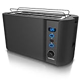 Arendo - Edelstahl Toaster Langschlitz 4 Scheiben - Defrost Funktion - wärmeisolierendes Gehäuse - mit integrierten Brötchenaufsatz - Krümelschublade - Display mit Restzeitanzeige - Schwarz M