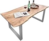 SAM Baumkantentisch 120x80 cm Quarto, Akazienholz massiv + naturfarben lackiert, Esstisch mit Silber lackiertem U-Gestell, Esszimmertisch/Holztisch im Industrial-Design, Tischplatte 26