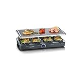 SEVERIN Raclette-Partygrill mit Naturgrillstein, Raclette mit Grillplatte aus Stein und 8 antihaftbeschichteten Pfännchen, Tischgrill für 8 Personen, max. 1300 W, schwarz, RG 2372