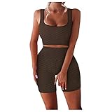 MNRIUOCII Damen Workout Set 2 Teile Trainingsanzug Fitness Yoga Set Kurz Ribbed Stretchy Sportanzug Crop Top und Sport Shorts mit Hoher Taille Yoga O