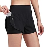 VIGVAN 2 in 1 Laufhose Damen Sport Shorts Sommer Kurze Hose Schnell Trocknend Fitness Shorts Yoga Shorts Gym Jogging Training Sporthose für Damen mit Taschen (Schwarz, M, m)