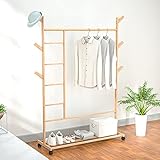 Bambus Kleiderständer Garderobenständer Rollgarderobe Natur Kleiderstange mit Rollen, 4 Hosenfach und 6 Haken für Schlafzimmer Flur Wohnzimmer Mehrzweck 100x35x155cm (Kleiderstange)