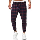 LQQSTORE Herren Hose Sports Einfarbig Lose Patchwork Plaid Sweatpant Jogger Herbst Winter (Rot, L)