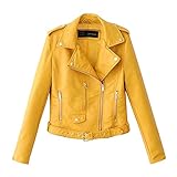 Damen Kurze Jacke Weiche Reißverschluss Taschen Klassische Kunstleder Wildleder Biker Jacken Damen Slim Fit Casual Asymmetrisch Reißverschluss Kurz Moto Mantel, A15_gelb, 42