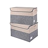 E-MANIS Große Faltbare Aufbewahrungsbox Aufbewahrungsboxen mit Deckel, Stoffaufbewahrungskorbwürfel mit Griffen zum Organisieren von Regal Kinderzimmer Schrank & Büro (Grau+Beige, 2 Stücke)
