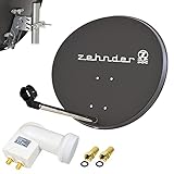 Zehnder 60cm Spiegel Schüssel Stahl + LogiSat Twin LNB | 2 Teilnehmer HD Digital SAT Anlage Set anthrazit | DVB-S/S2 Full HDTV 3D 4K Ultra HD UHD Empfang