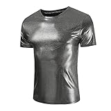 BIBOKAOKE T-Shirt Herren Fashion Lackleder Glänzend Kurzarm Nachtclub-Stil Rundhals Shirts Individualität Streetwear Sommer Regular Fit Kurzarmshirt Vintage Freizeithemd Männer Sw