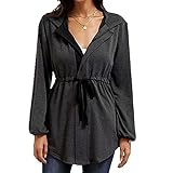 Damen Farbe Casual Reißverschluss Bündel Rücken Licht Lack Ärmel lose Kapuze, grau, 48