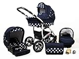 Kinderwagen Largo,3 in 1 -Set Wanne Buggy Babyschale Autositz mit Zubehör Navy Blue D