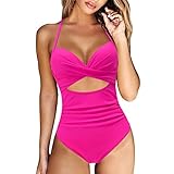 Badeanzug Damen Elegant Cut Out Einteiler Swimsuit Tiefer V-Ausschnitt Einteilige Bademode Bauchweg Swimsuit UV-Schutz Sport Badeanzug Mit Brustpolster(Rosa,XXL)