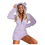 Plüsch Fleece Jumpsuit Damen Vlies Schlafanzug Einteiler Winter Warm Kuschelig Einteiler Frauen Kurz Süße Schlafoverall Komfort Hooded Onesie Overall Pyjama Hausanzug