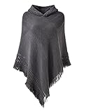 Ferand Damen Kapuzen Poncho mit Häkelborde, Cape für Frauen aus Strickmaterial mit Zierfransen, G