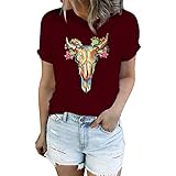Lässiges Kurzarm-T-Shirt mit aztekischem Western-Denim-Print für Damen Hemden 16 - Wine XXX-Larg