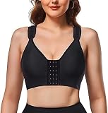 KUMAYES Damen Starker Halt Sport BH Postoperativer Vorderverschluss Ohne Bügel Große Größe Gekreuzt Rücken Gepolstert für Fitness Yoga (3XL, Schwarz)