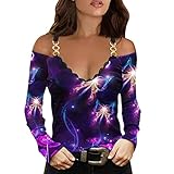 Damen Schmetterlingsdruck Oberteil Langarm Pullover Große Größen T-Shirt V-Ausschnitt Langarmshirt Spitze Damenbluse Elegante Slim Blusen Blusentop
