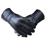 Triamisus Handschuhe,Winter Warme Lederhandschuhe Herren Samt Dicke Nähte Schaffellhandschuhe Outdoorsport Reiten Motorradhandschuhe - Schw