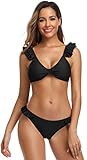 SHEKINI Damen Volant Bikini Set Triangel Gepolstert Push Up Softcups Rüschen Oberteil Schwarz Hose Grosse Grössen Rückenfrei Zweiteiliger Bikinis (Medium, Schwarz)