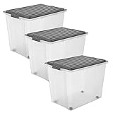 Rotho Compact 3er-Set Aufbewahrungsbox 70l mit Deckel und Rollen, Kunststoff (PP) BPA-frei, anthrazit/transparent, 3 x 70l (57,0 x 39,5 x 51,1 cm)