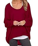 ZIOOER Damen Pulli Fledermausärmel T-Shirt Lose Asymmetrisch Jumper Bluse Langarmshirts Hemd Pullover Sweatshirt Oberteil Oversize Tops Weinrot L