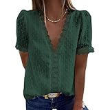 MRULIC Damen Oberteile Spitze Kurzarm Casual T-Shirt V-Ausschnitt Einfarbig Top Bluse Sommer Freizeit Tops Basic Shirts Frauen Pullover(Grün,M)