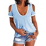 Damen Sommer Tee Shirts Elegant Niedriger Kragen Rundhals Tops Schulterfrei Kurzarm Bluse, blau, Larg