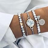 Edary Armband Set mit Quasten, weißes Marmor-Armband, mit Herz Armbänder, Perlen-Handkette, verstellbar, für Damen und M