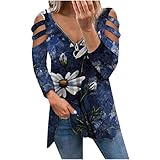 Masrin Trendige Oberteile Damen Vintage Pullover mit Blumendruck Sexy Schulterfreies T Shirt Reißverschluss V Ausschnitt Langarm Tunika Tops Herbst Langarmshirts Bluse mit Rü