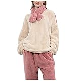 Damen Pyjama Fleece Set Lang Nachtwäsche Winter Warm Hausanzug 2-Teilig Kuschelige Fleece Warm Schlafanzug Langarm Shirt Und Pyj