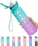 1000 ml Sport-Wasserflasche mit motivierender Zeitmarkierung und Strohhalm, ungiftigem Tritan-Material; 1-Click-Öffnung für Sport/Radfahren/Camping (blau schrittweise rosa, 1000 ml)