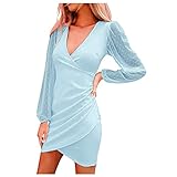 RMBLYfeiye Damen Figurbetontes Kleid V-Ausschnitt Bodycon Kleider mit Knoten Gürtel Stickerei Blumen Applikation Bishop Ärmel Knielang Übergoß Bleistift Einfarbig Elegant Party Hips-Wrapp