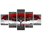 JHDGG Bilder Leinwandbilder Roter Baum 200×100 cm Vlies Leinwand 5 Teilig Wandbilder Kunstdrucke Wandbild Bild auf Kunstdruck Wanddeko Wand Wohnzimmer Wanddekoration Deko Modern （Rahmenlos）