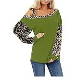 jikolililili Blusa De Mujer Schulterfreies Oberteil für Damen, einfarbig, Leoparden-Herz-Druck, lange Ärmel, Pullover, grün, M