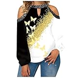 Damen Tops Langarm T-Shirt Blusen Elegant Damen Langarm Tunika Bluse Casual Gedruckt Tunika Tops Sommer Sweatshirt Pullover Hängende Nackenknöpfe Silber Tops Casual Crewneck Oberteile T-S