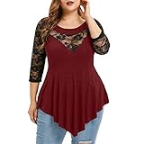 Damen Tunika Große Größen Oberteile Sommer Spitze Aushöhlen Lange Ärmel Tops Übergrößen Casual Tshirt Rundhals Freizeit Tee Shirt 3/4 Ärmel Lose Hemd Bluse Shirts Frauen Top Female T-S