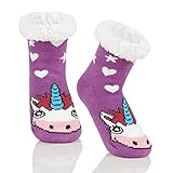 Durio Kindersocken für Jungen und Mädchen Tiersocken Flauschige Thermosocken Bodensocken Kuschelsocken Lila-Einhorn 6-8 J