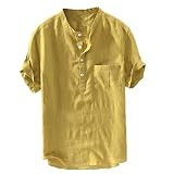 Hippie-Shirt, Blumenmuster, kurzärmelig, lässig, Hawaii-Hemd, einfarbig, Bandkragen, Henley-Shirts mit Tasche, 1/4-Knopf-T-Shirt, einfarbig, Blusen für Herren, Verkauf von Opa-T-Shirts, gelb, 85