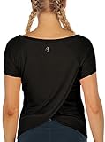 icyzone Damen Sport T-Shirt Kurzarm Yoga Top Schnell Trocken Elastisch Fitness Gym Oberteile (L, Black)