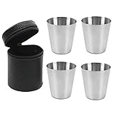 GESTAND Edelstahl Becher Set Schnaps-Becher aus Metall mit Leder-Tasche 30ml Flachmann Schnapsgläser für Outdoor Urlaub Camping (4 Stück)