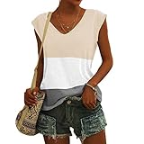 cdukiyh 2022 T-Shirt Damen Sommer Casual,V-Ausschnitt Kurzarm T-Shirt,Lose Lässige Kontrastfarbe Tanktop,Damen ärmelloses Top Loose Outwear Tanktops Blusen T-S